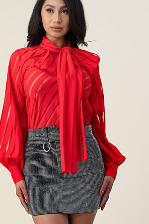 Red Puff Sleeve Blouse Bow Tie Mesh Blouse