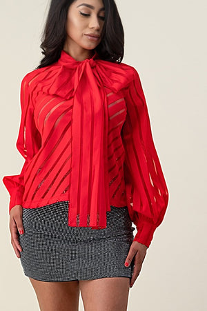 Red Puff Sleeve Blouse Bow Tie Mesh Blouse