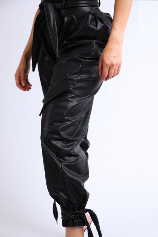 Black Seduce Faux Leather Cargo Pants