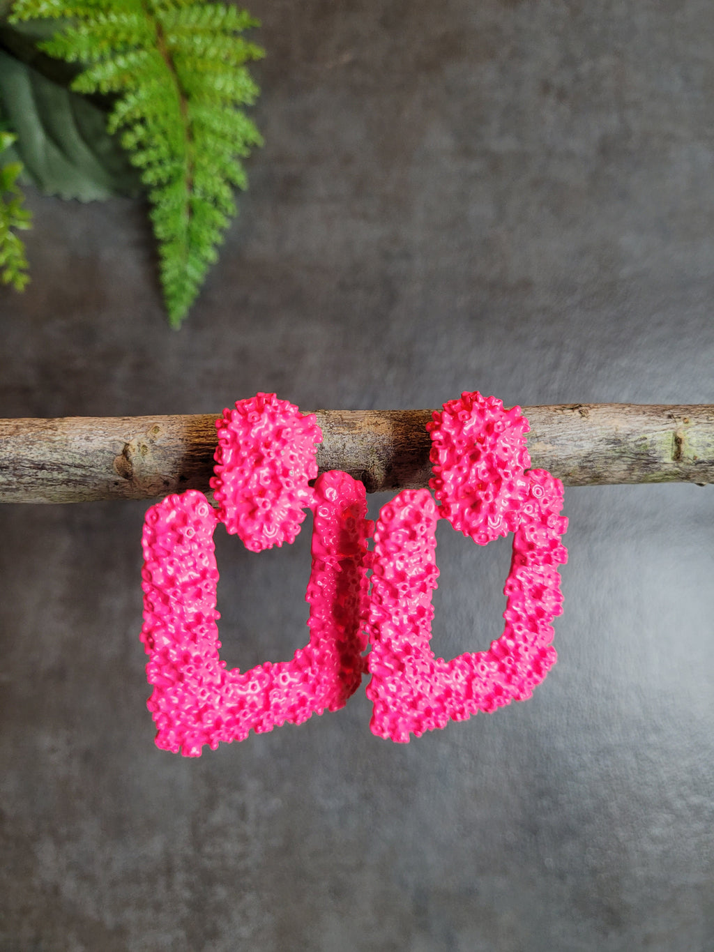 Hot Pink Square Coral Textured Earrings