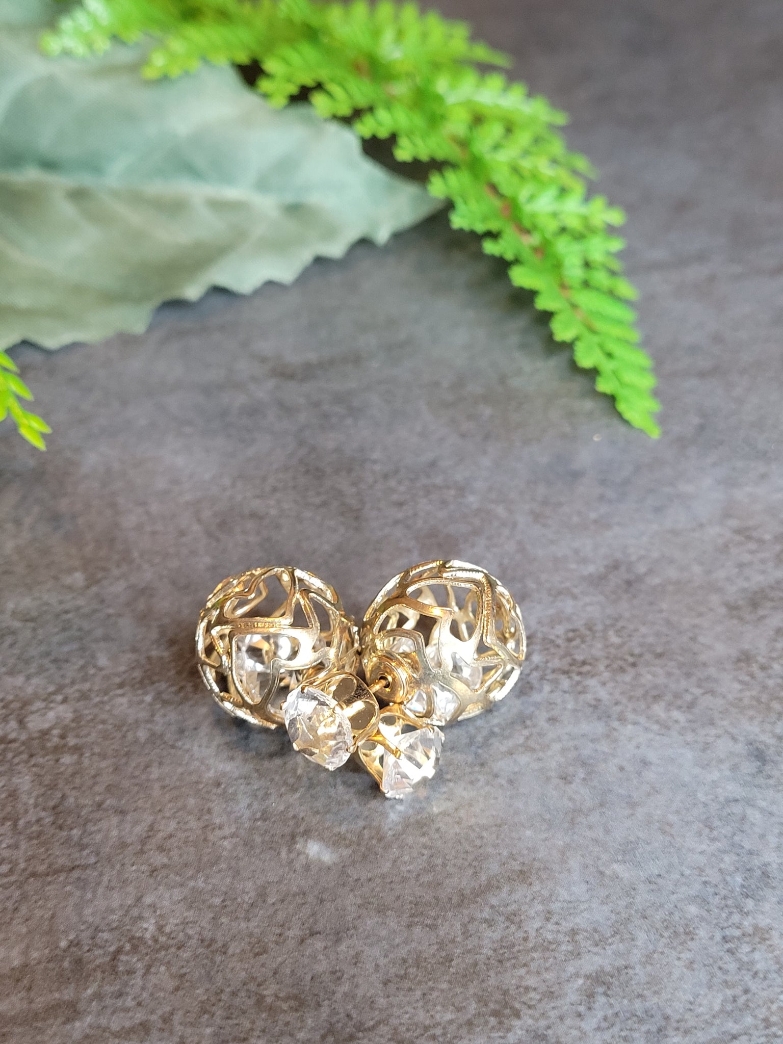 Gold Heart Cutout Double Ball Design Earrings