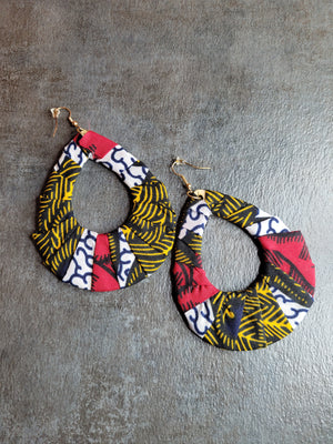 African Cloth Teardrop Earrings - Red, Yellow, Navy