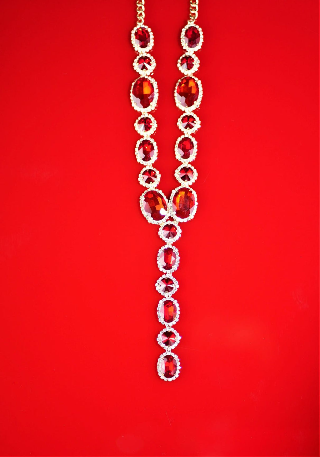 Red and Diamond Stone Elongated Dangle Statement Necklace