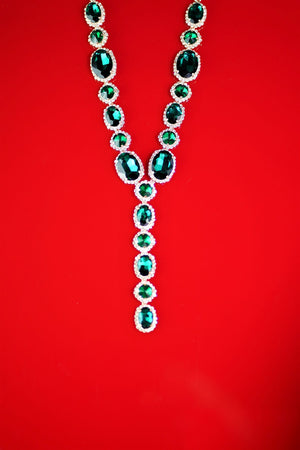 Green and Diamond Stone Elongated Dangle Statement Necklace