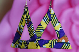 African Print Cloth Triangle Apara Earrings - Purple, Yellow and Brown